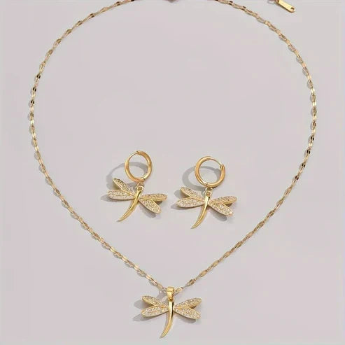 Gold Dragonfly Jewelry Necklace with Bonus Earrings