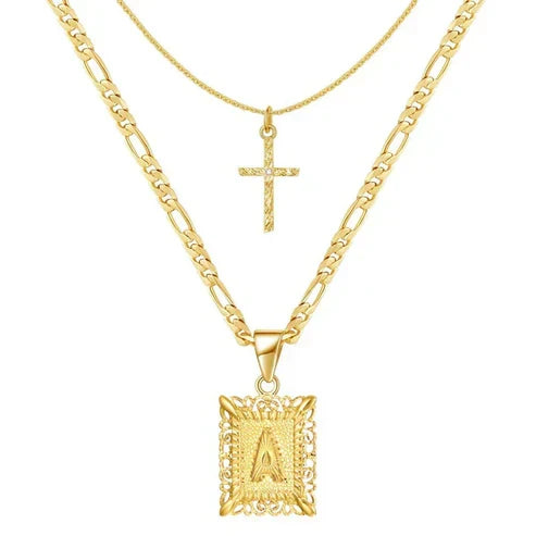 Cross Initial Necklace Set