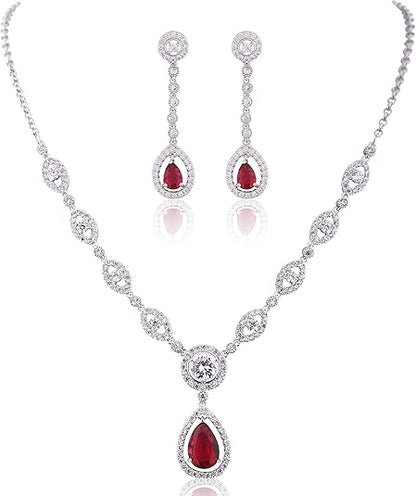 Ruby Halo Necklace and Earrings Set