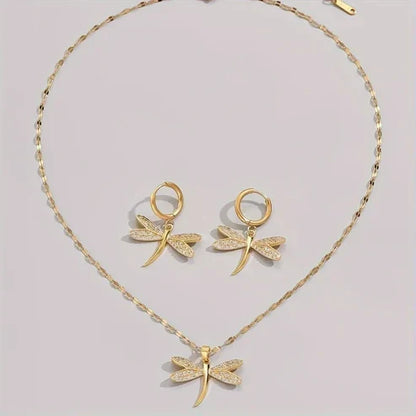 Gold Dragonfly Jewelry Necklace with Bonus Earrings