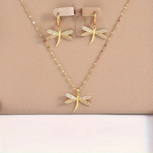 Gold Dragonfly Jewelry Necklace with Bonus Earrings