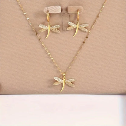 Gold Dragonfly Jewelry Necklace with Bonus Earrings